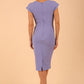 Model wearing diva catwalk Syon Short Sleeved Pencil Dress with tie detail at the waist area in Vista Blue colour back