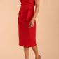 Model wearing diva catwalk Syon Short Sleeved Pencil Dress with tie detail at the waist area in True red colour front side
