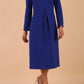Model wearing diva catwalk in Bombay fabric the Epsom Long Sleeve and round neckline and midi A-Line Dress in Royal Blue colour front