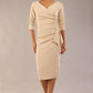 model wearon a diva catwalk Bronwen 3/4 sleeved Tie Pencil Dress in sandshell beige colour front