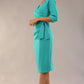 model is wearing a diva catwalk Bronwen 3/4 sleeved Tie Pencil Dress in aqua green colour side front