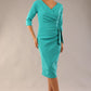 model is wearing a diva catwalk Bronwen 3/4 sleeved Tie Pencil Dress in aqua green colour front