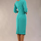 model is wearing a diva catwalk Bronwen 3/4 sleeved Tie Pencil Dress in aqua green colour back