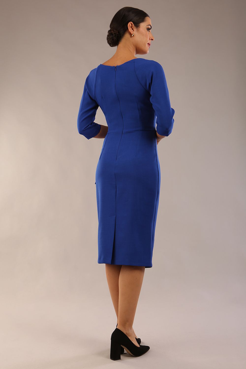 model wearon a diva catwalk Bronwen 3/4 sleeved Tie Pencil Dress in cobalt blue colour back