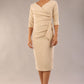 model wearon a diva catwalk Bronwen 3/4 sleeved Tie Pencil Dress in sandshell beige colour front