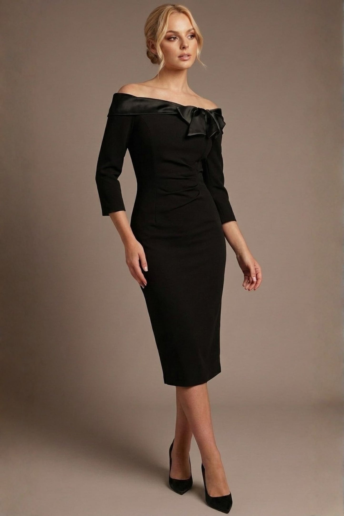 Rosalind Off Shoulder Bow Detail Pencil Dress 