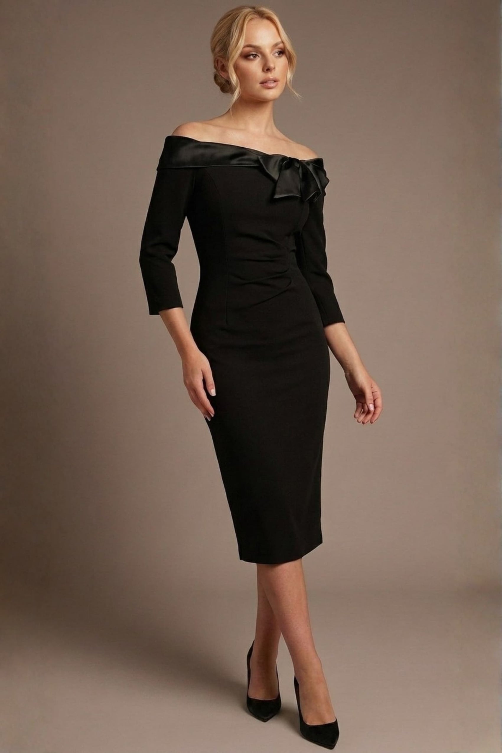 Rosalind Off Shoulder Bow Detail Pencil Dress 