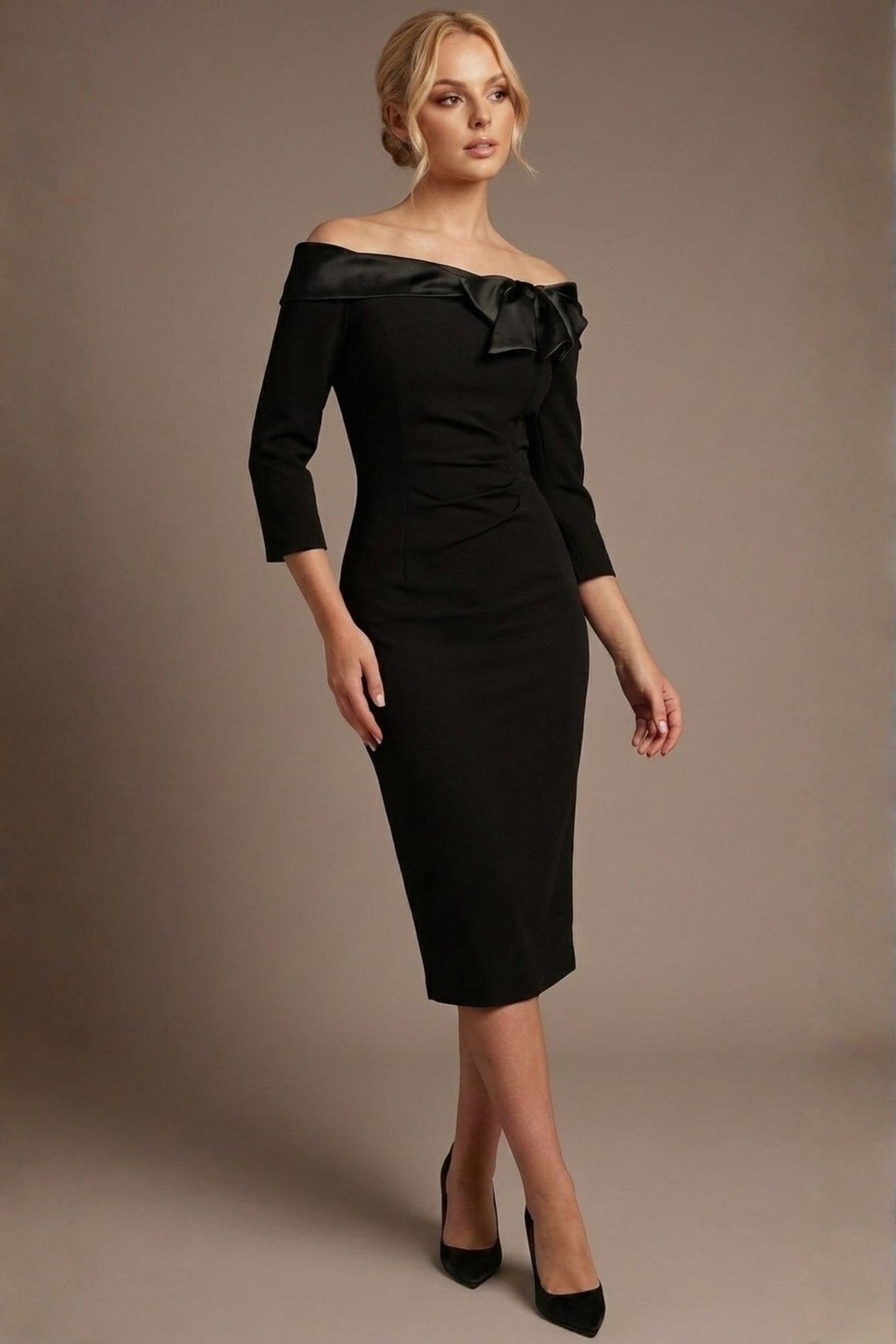Rosalind Off Shoulder Bow Detail Pencil Dress 