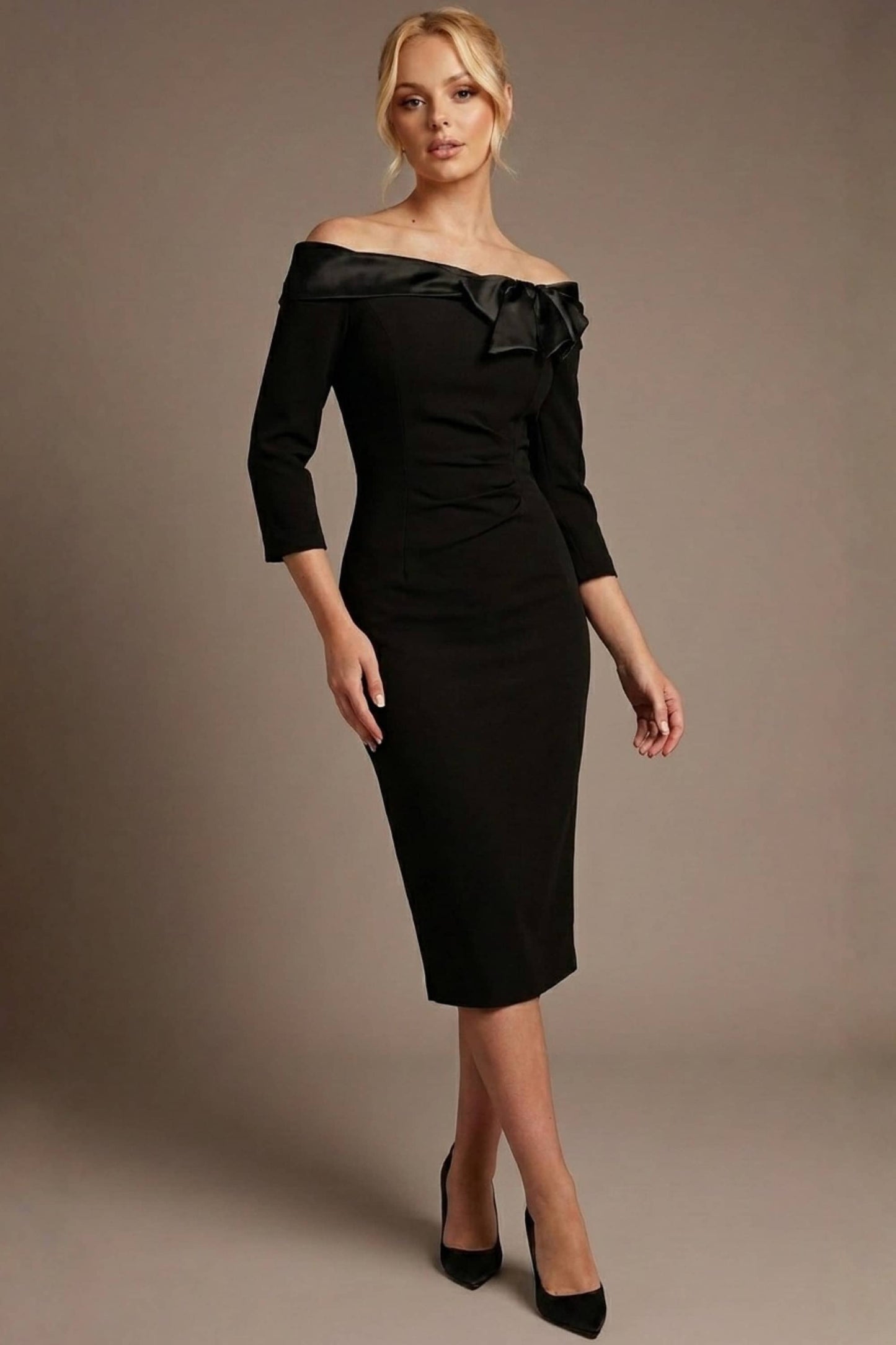 Rosalind Off Shoulder Bow Detail Pencil Dress 