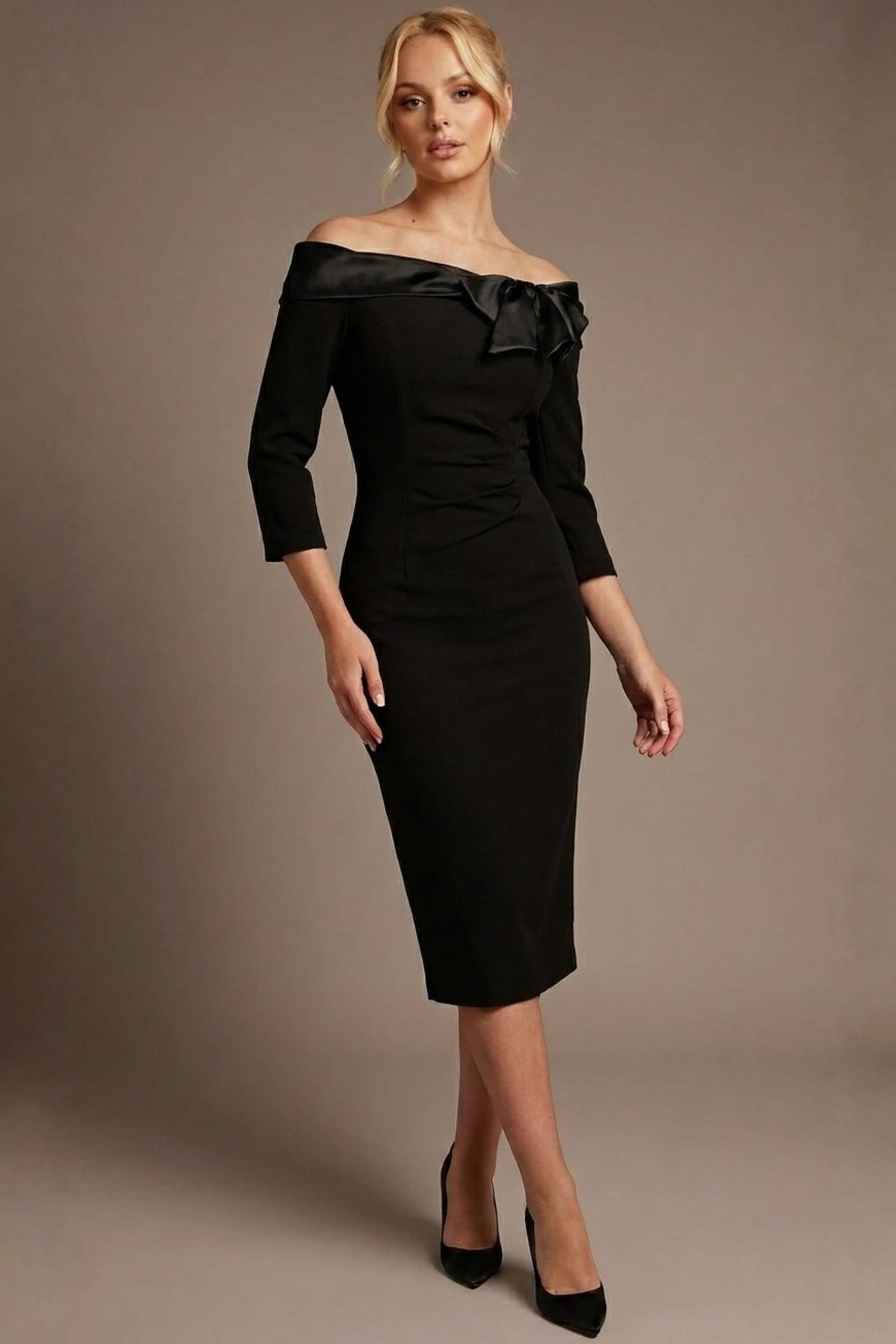 Rosalind Off Shoulder Bow Detail Pencil Dress 