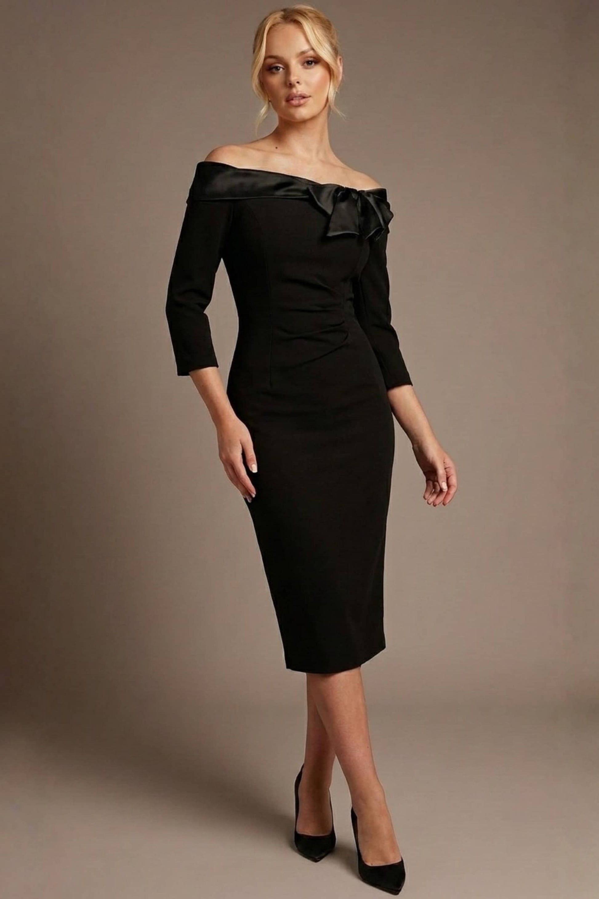 Rosalind Off Shoulder Bow Detail Pencil Dress 