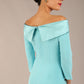 brunette Model is wearing a diva catwalk Rosalind Off Shoulder Bow Detail Pencil Dress 3/4 sleeve in Turquoise contrast back image