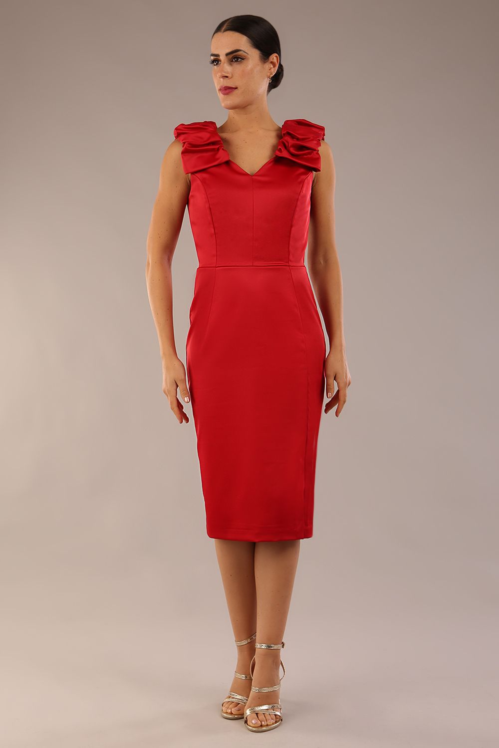 Prudence Satin Pencil Dress sleeveless and knee length with front vent in red colour