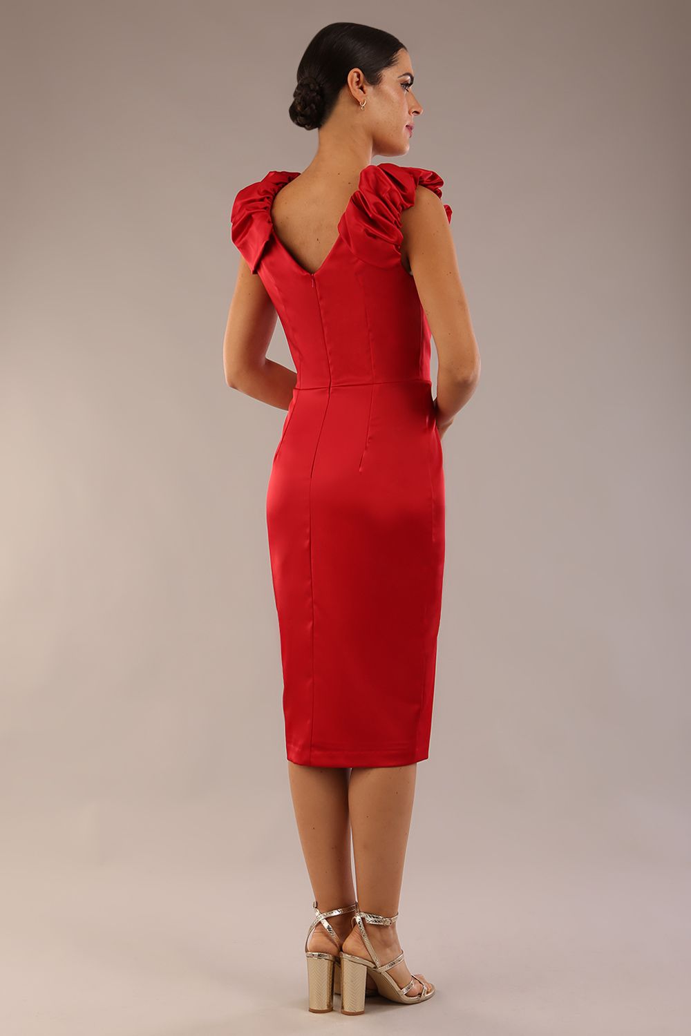 Prudence Satin Pencil Dress sleeveless and knee length with front vent in red colour