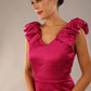 model is wearing a diva catwalk Prudence Satin Pencil Dress sleeveless and knee length with front vent in magenta colour