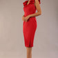 model is wearing a diva catwalk Prudence Satin Pencil Dress sleeveless and knee length with front vent in red colour