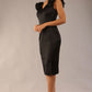 model is wearing a diva catwalk Prudence Satin Pencil Dress sleeveless and knee length with front vent in black colour