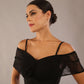 model wearing a diva catwalk Vivienne Off Shoulder Dress with stripes with sweetheart neckline lace short sleeve design and asymmetric bottom line in black 