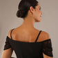 model wearing a diva catwalk Vivienne Off Shoulder Dress with stripes with sweetheart neckline lace short sleeve design and asymmetric bottom line in black 