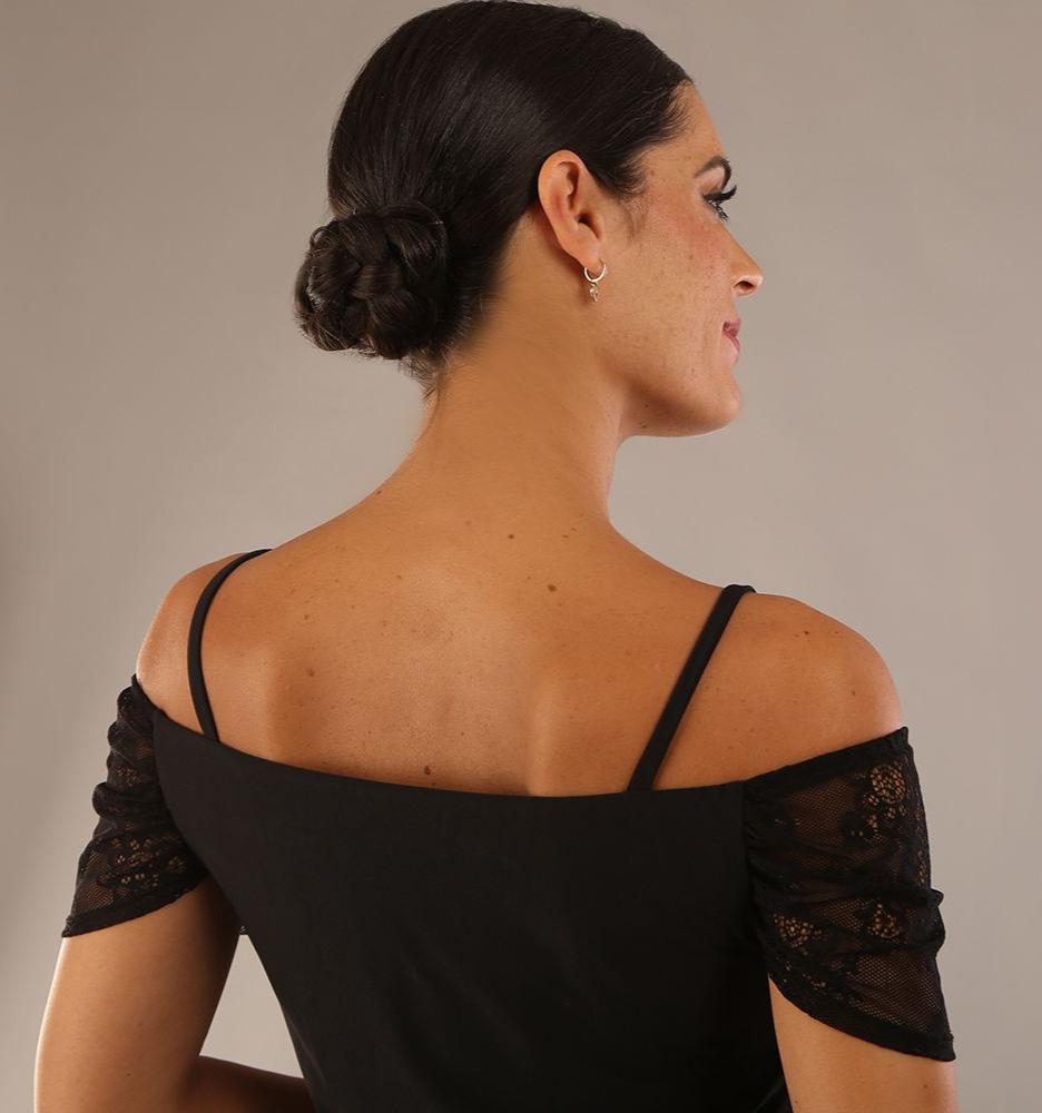 model wearing a diva catwalk Vivienne Off Shoulder Dress with stripes with sweetheart neckline lace short sleeve design and asymmetric bottom line in black 