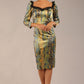 model wearing a diva catwalk Jura Snakeskin Stretch Satin Print With Contrast Lace Trim Dress 3/4 sleeve 