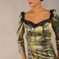 model wearing a diva catwalk Jura Snakeskin Stretch Satin Print With Contrast Lace Trim Dress 3/4 sleeve 