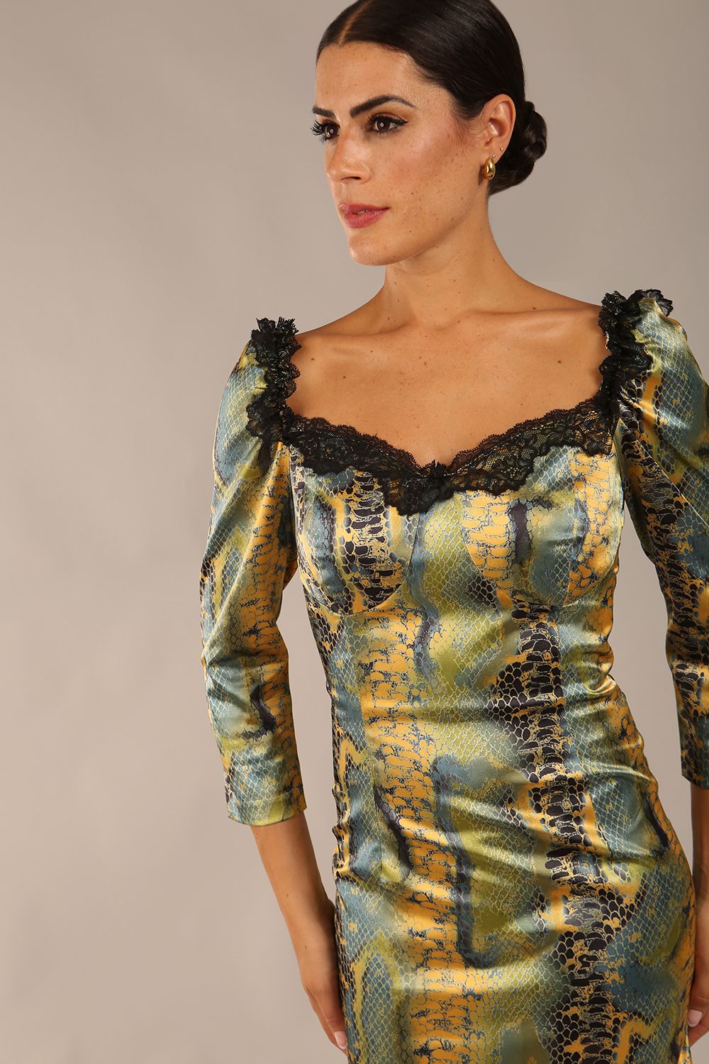 model wearing a diva catwalk Jura Snakeskin Stretch Satin Print With Contrast Lace Trim Dress 3/4 sleeve 