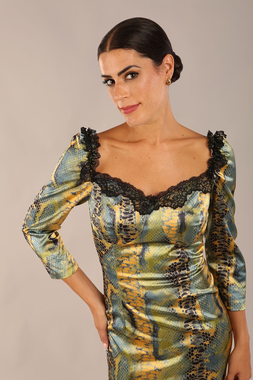 model wearing a diva catwalk Jura Snakeskin Stretch Satin Print With Contrast Lace Trim Dress 3/4 sleeve 