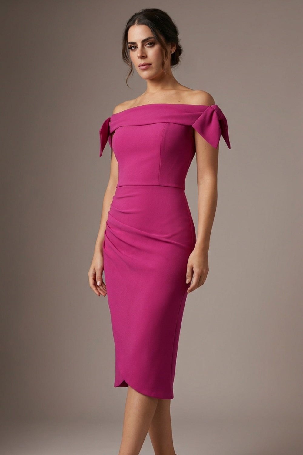 Strand Off-Shoulder Bow Tie Dress (Magenta)