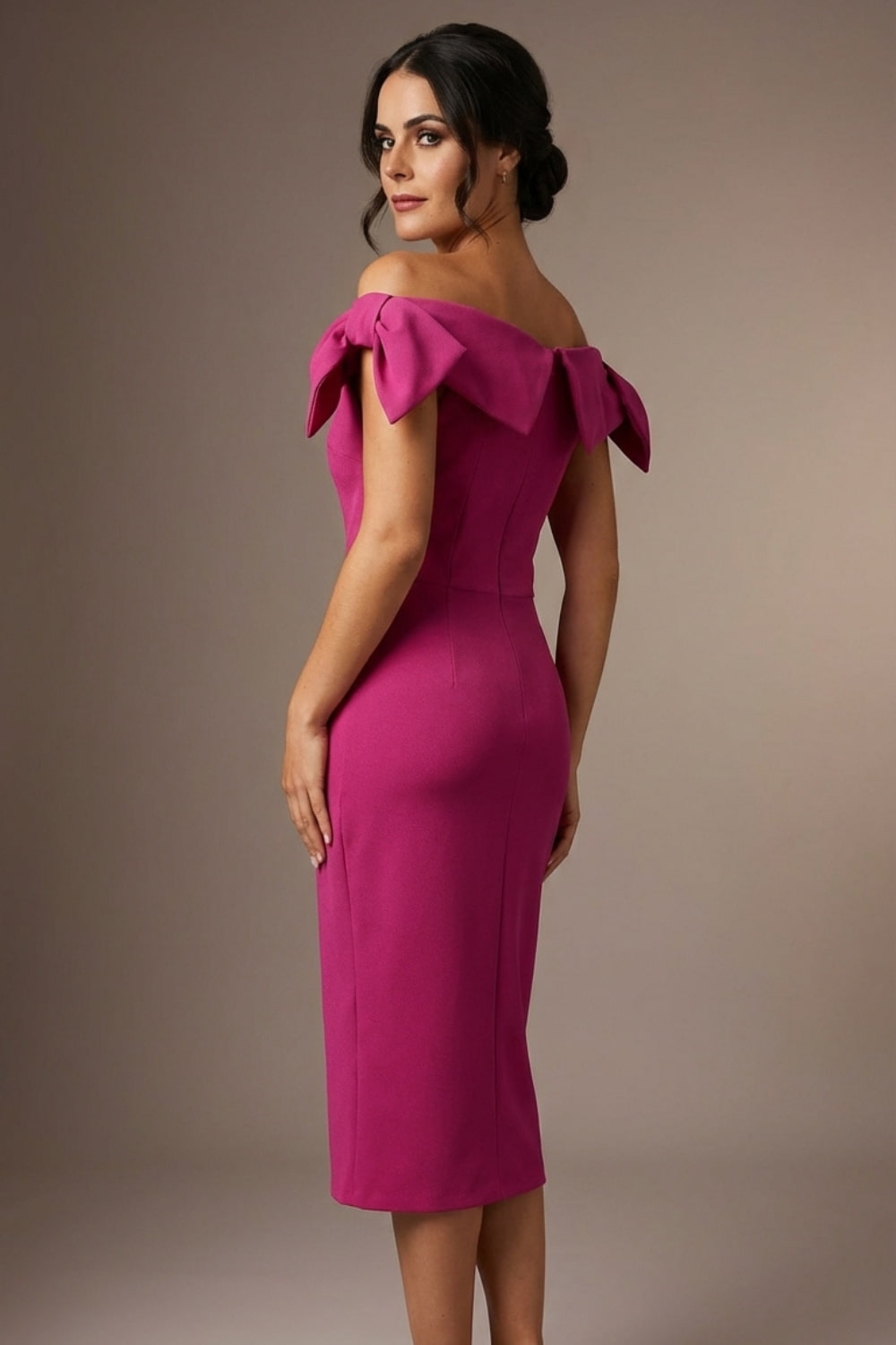 Strand Off-Shoulder Bow Tie Dress back view (Magenta)