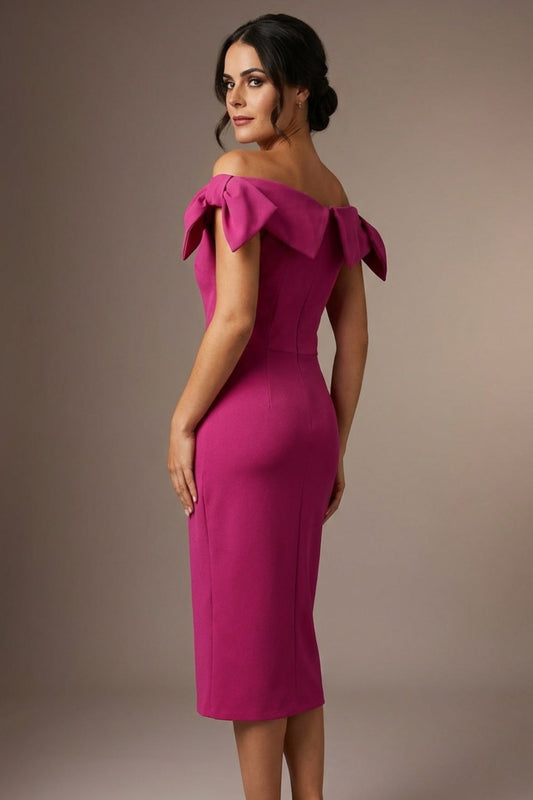 Strand Off-Shoulder Bow Tie Dress back view (Magenta)