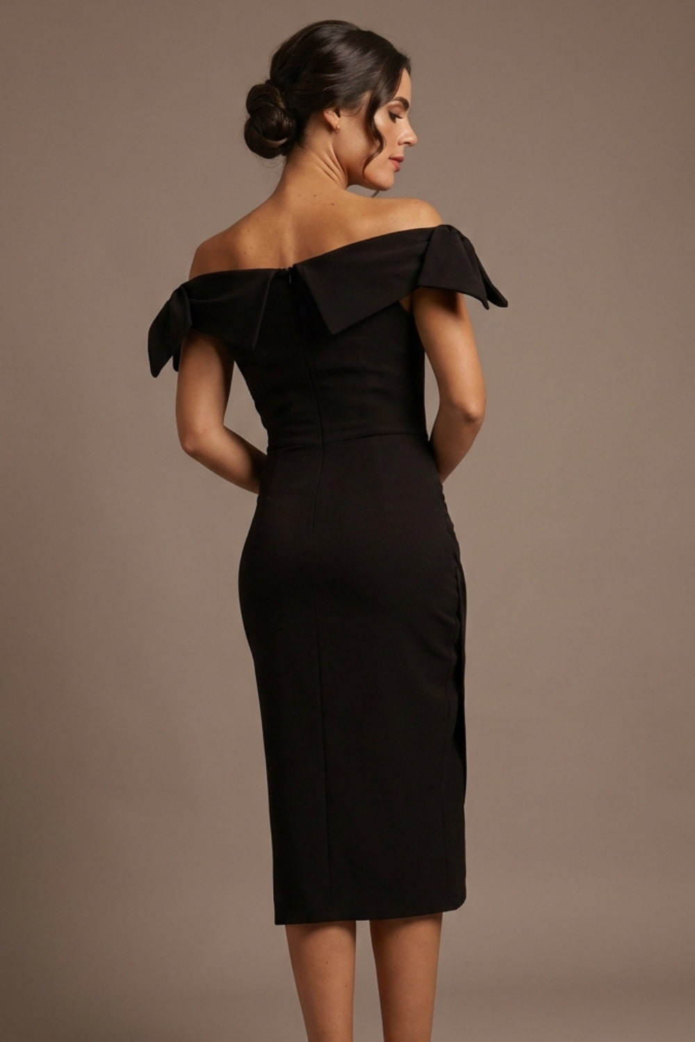 Strand Off-Shoulder Bow Tie Dress back view (Black)