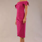 model is wearing a diva catwalk Strand Off-Shoulder Bow Tie Dress midi length and pleated skirt in magenta haze colour