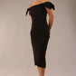 model is wearing a diva catwalk Strand Off-Shoulder Bow Tie Dress midi length and pleated skirt in black colour