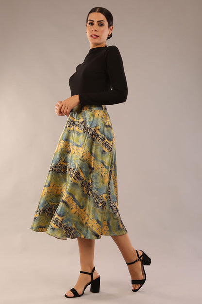 model wearing a diva catwalk Gwendolyn Midi Length Skirt in snakeskin print satin