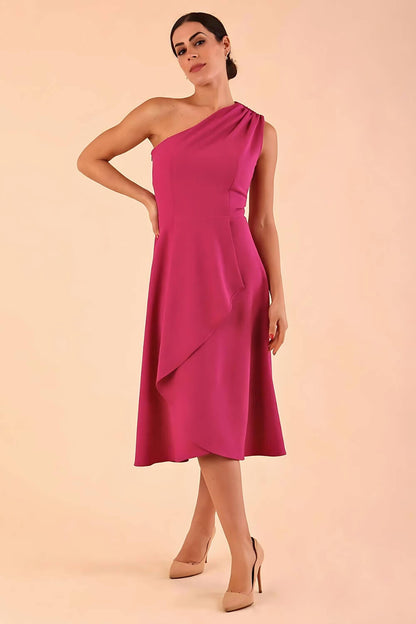 Model wearing a diva catwalk Portia One Shoulder Swing Dress in Magenta Colour