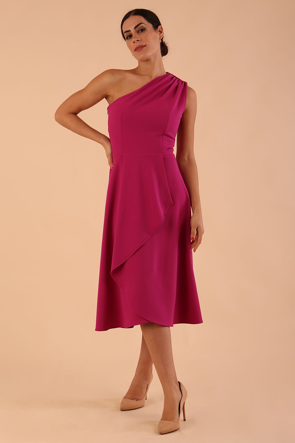 Model wearing a diva catwalk Portia One Shoulder Swing Dress in Magenta Colour