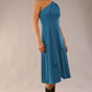 Model wearing a diva catwalk Portia One Shoulder A-line Dress midi length sleeveless style in Teal Colour