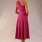 Model wearing a diva catwalk Portia One Shoulder A-line Dress midi length sleeveless style in Magenta Colour