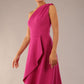 Model wearing a diva catwalk Portia One Shoulder A-line Dress midi length sleeveless style in Magenta Colour
