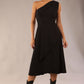 Model wearing a diva catwalk Portia One Shoulder A-line Dress midi length sleeveless style in Black Colour