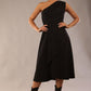 Model wearing a diva catwalk Portia One Shoulder A-line Dress midi length sleeveless style in Black Colour