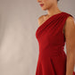 Model wearing a diva catwalk Portia One Shoulder A-line Dress midi length sleeveless style in Rosewood red Colour