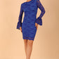 model wearing a diva catwalk Tatiana fluted sleeved satin dress fluted long sleeves length pencil dress in cobalt blue colour front