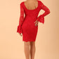 model wearing a diva catwalk Tatiana fluted sleeved satin dress fluted long sleeves length pencil dress in red colour back