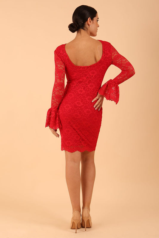 model wearing a diva catwalk Tatiana fluted sleeved satin dress fluted long sleeves length pencil dress in red colour back