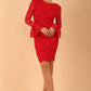 model wearing a diva catwalk Tatiana fluted sleeved satin dress fluted long sleeves length pencil dress in red colour front