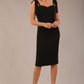 brunette model wearing a diva catwalk Philippa Pencil Wiggle Dress sleeveless style, tie detail on the shoulders knee length and sweetheart neckline in black colour front 