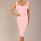 brunette model wearing a diva catwalk Philippa Pencil Wiggle Dress sleeveless style, tie detail on the shoulders knee length and sweetheart neckline in crystal pink colour front 