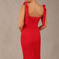 brunette model wearing a diva catwalk Philippa Pencil Wiggle Dress sleeveless style, tie detail on the shoulders knee length and sweetheart neckline in scarlet red colour back